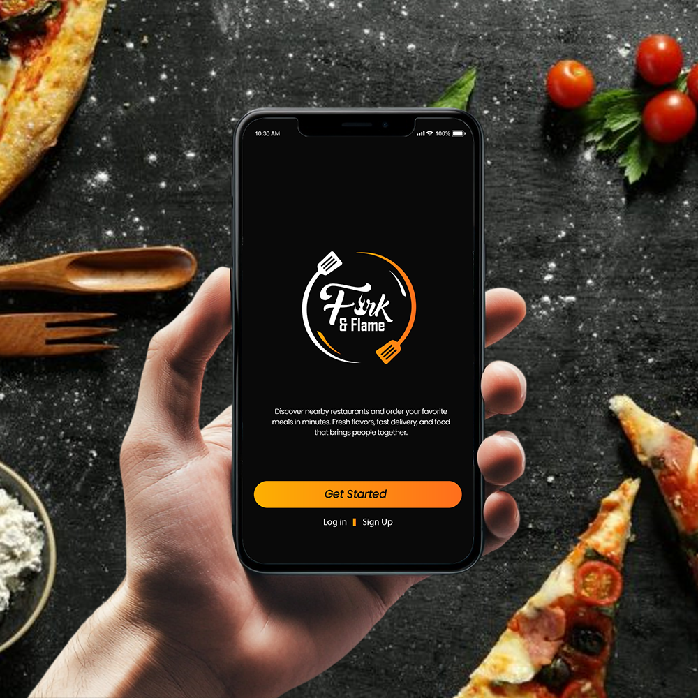 Fork & Flame app open on a phone, held above a dark table scattered with pizza and fresh ingredients
