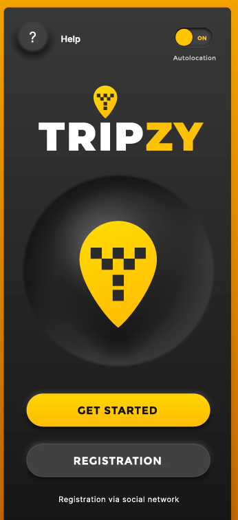 Tripzy splash screen with logo, Get Started and Registration