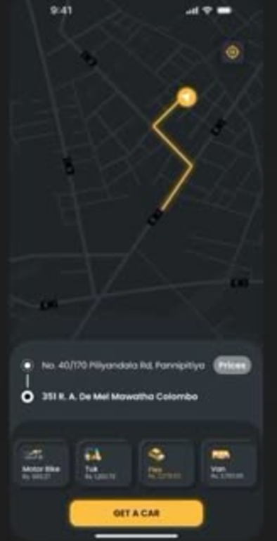 Ridezilla map screen with a plotted route, pickup and drop addresses, a vehicle-type picker and a Get A Car button