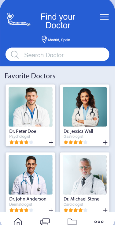 MediMacth home screen with location, search bar and a grid of favorite doctors