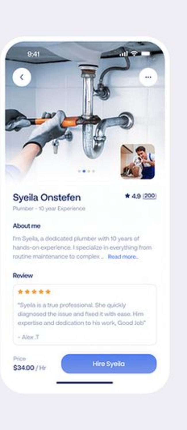 Homa pro profile screen for Syeila Onstefen, Plumber, with About me, a review and a Hire Syeila button