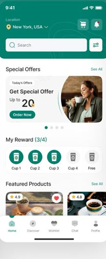 Crema home screen with location, search, a special offer banner, a coffee loyalty card and featured products