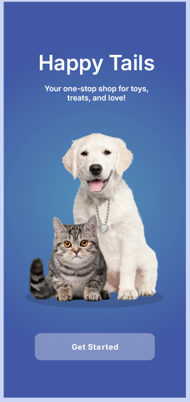 Happy Tails splash screen with a puppy and kitten and a Get Started button